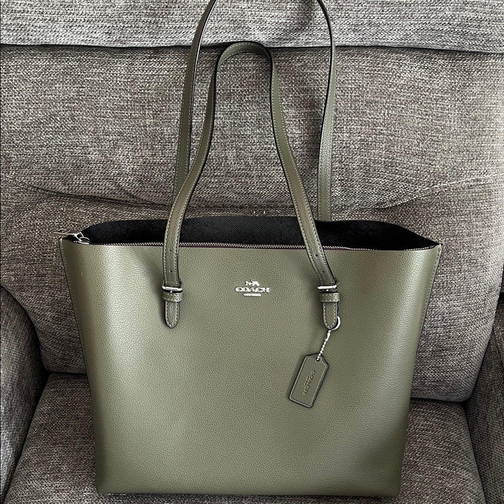 Coach Olive Leather Tote with Silver Hardware